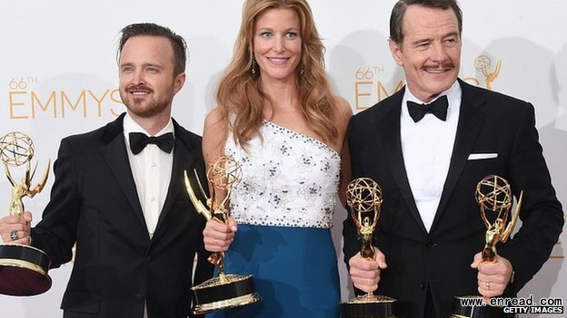 breaking bad actors aaron paul, anna gunn and bryan cranston <a href=